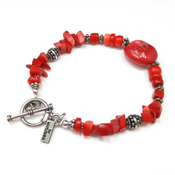 Paige Wallace Red Coral Beaded Bracelet w/ Silver Accents & Toggle Clasp - Picture 2 of 8
